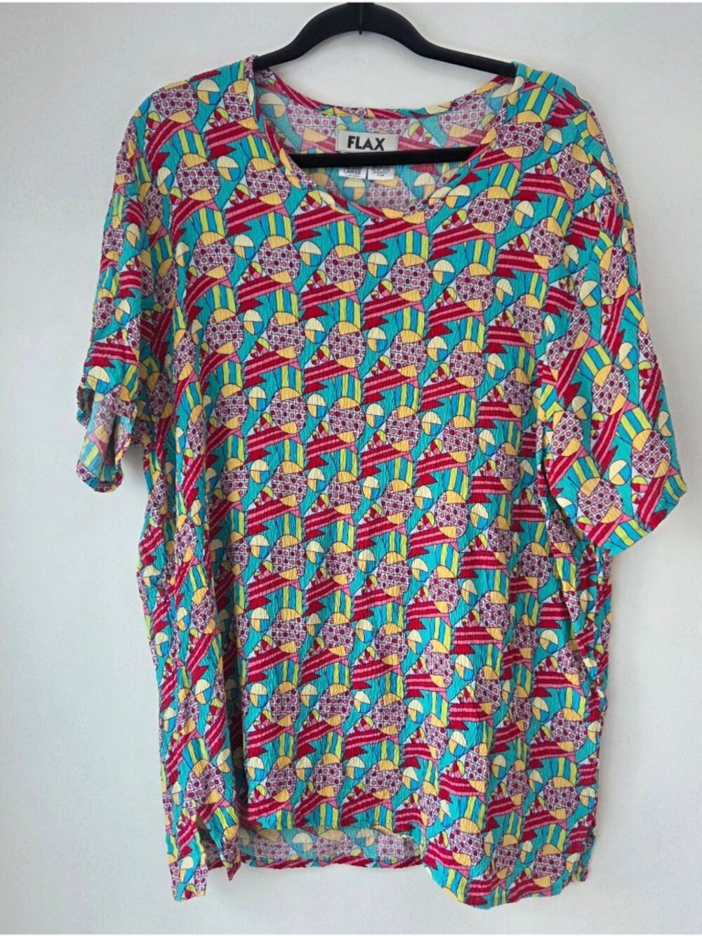FLAX Rayon Colorful Geometric Blouse Top Shirt Tunic Abstract Artsy Art Deco L